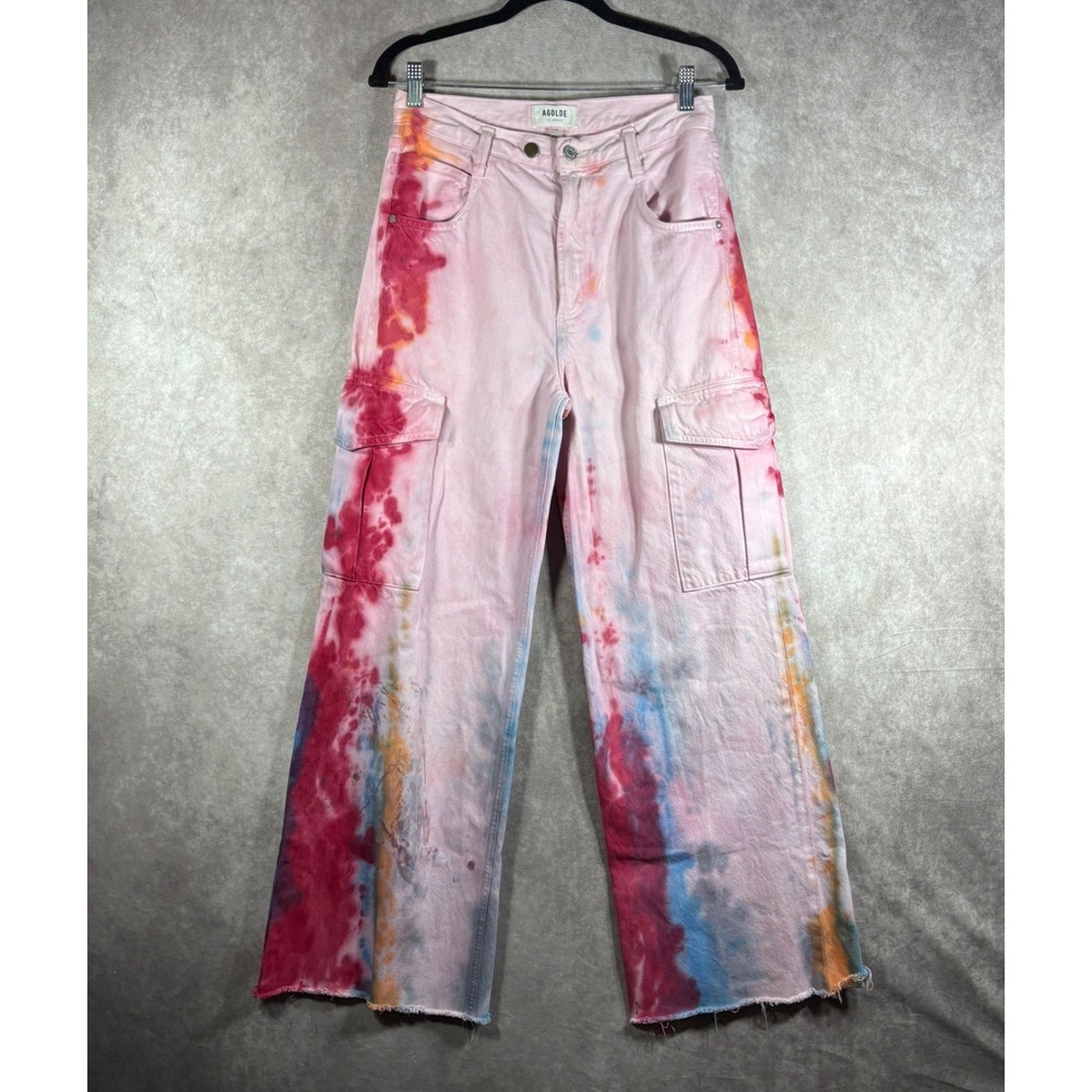 AGOLDE‎ Jeans Womens Size 26 Pink Minka Cargo Wide Leg Tie Dye Raw Hem High Rise